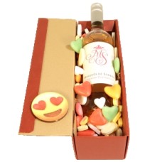 Marqués Rosé wine + mixed heart candy (Marqués Tempranillio Rosé wine in a luxury red gift box with smiley and filled with mixed heart sweets + one side red rose)